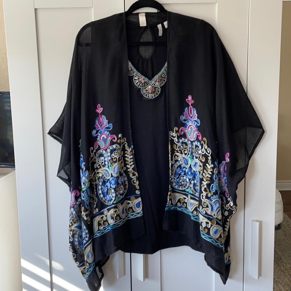 Beaded tank top and embroidered kimono set